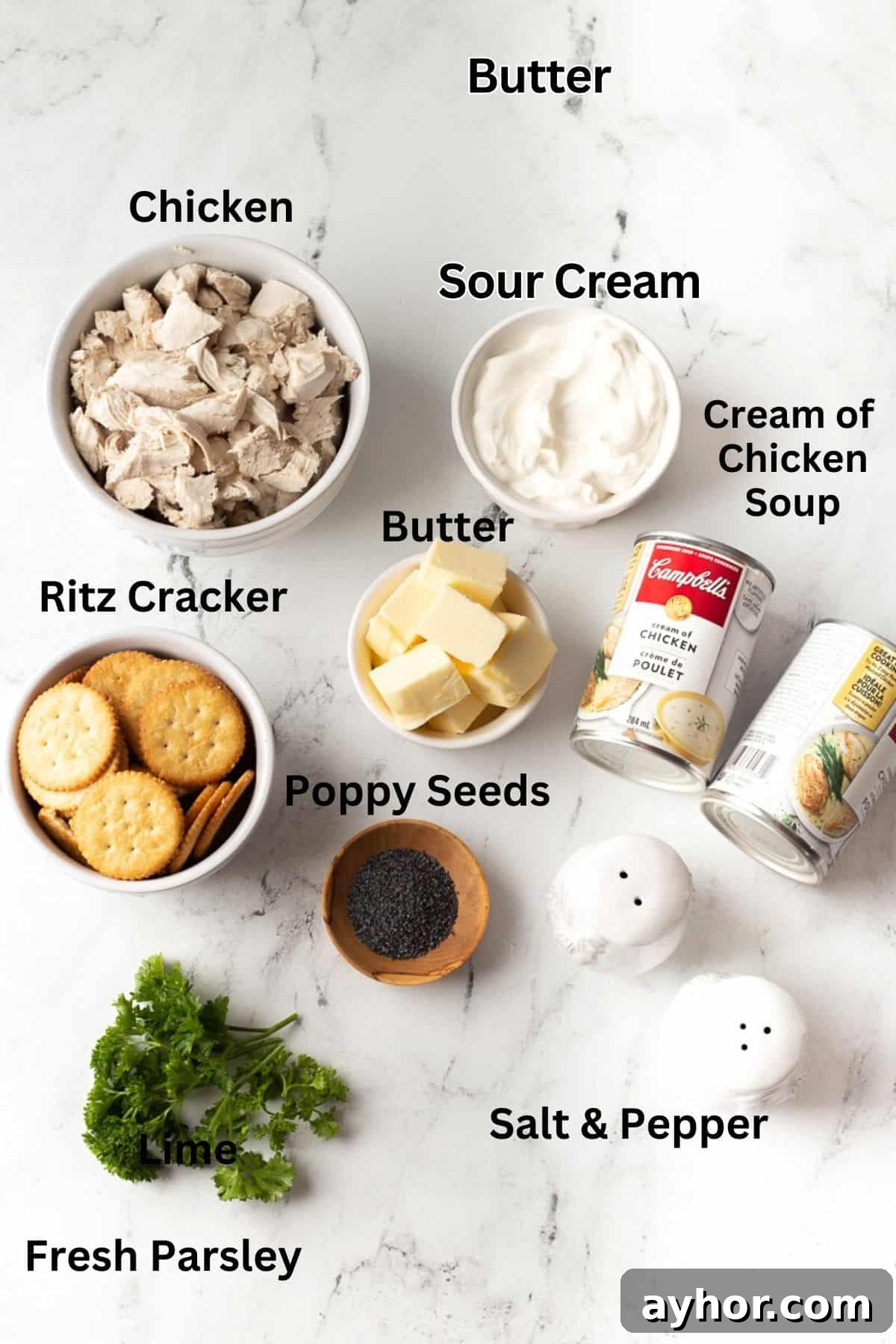 Labelled ingredients chicken poppy seed casserole.