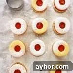 apricot jam filled sandwich cookies laid out on parchment paper overhead image