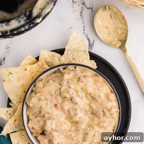 Top view image of Slow Cooker Sausage Cheese Dip served in a bowl with chips