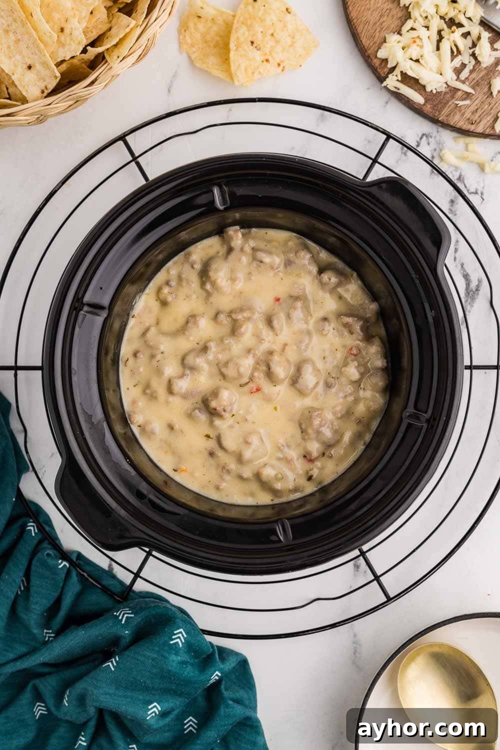 Top view image of Slow Cooker Sausage Cheese Dip made in slow cooker