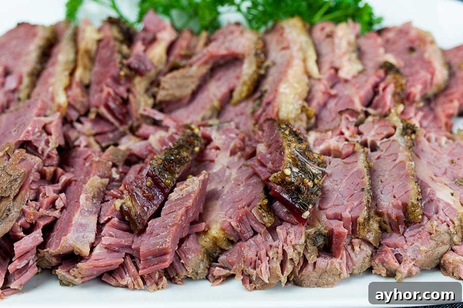 Slow cooker corned beef on a platter garnished with parsley.