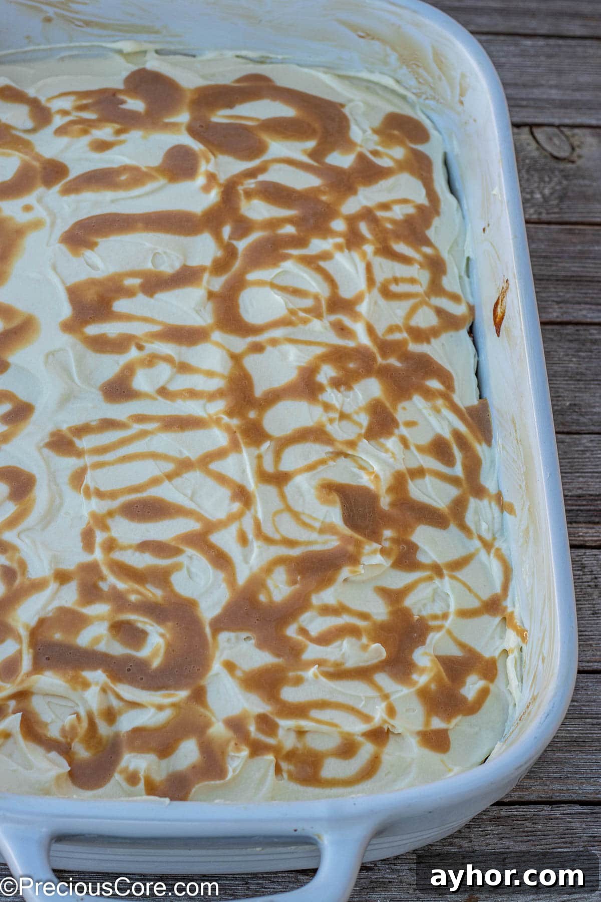 Caramel drizzled on pumpkin cake.