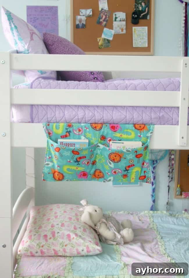 How to Sew a Bunk Bed Book Caddy: Step-by-Step Video Guide 4 bunk bed with book caddy hanging off top bunk