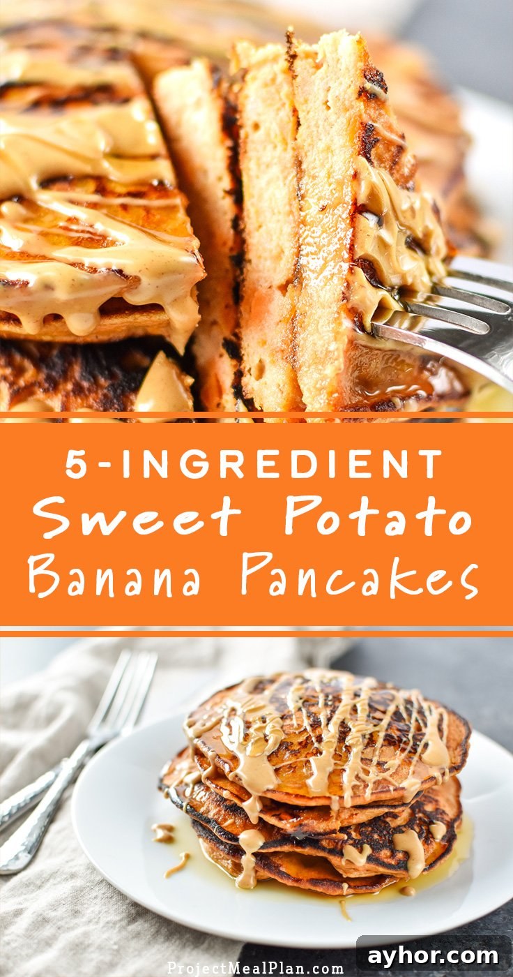 5-Ingredient Sweet Potato Banana Pancakes - Banana, sweet potato, nut butter, eggs and cinnamon are all you need to make these simple pancakes happen. #sweetpotato #pancakes #bananapancakes - ProjectMealPlan.com