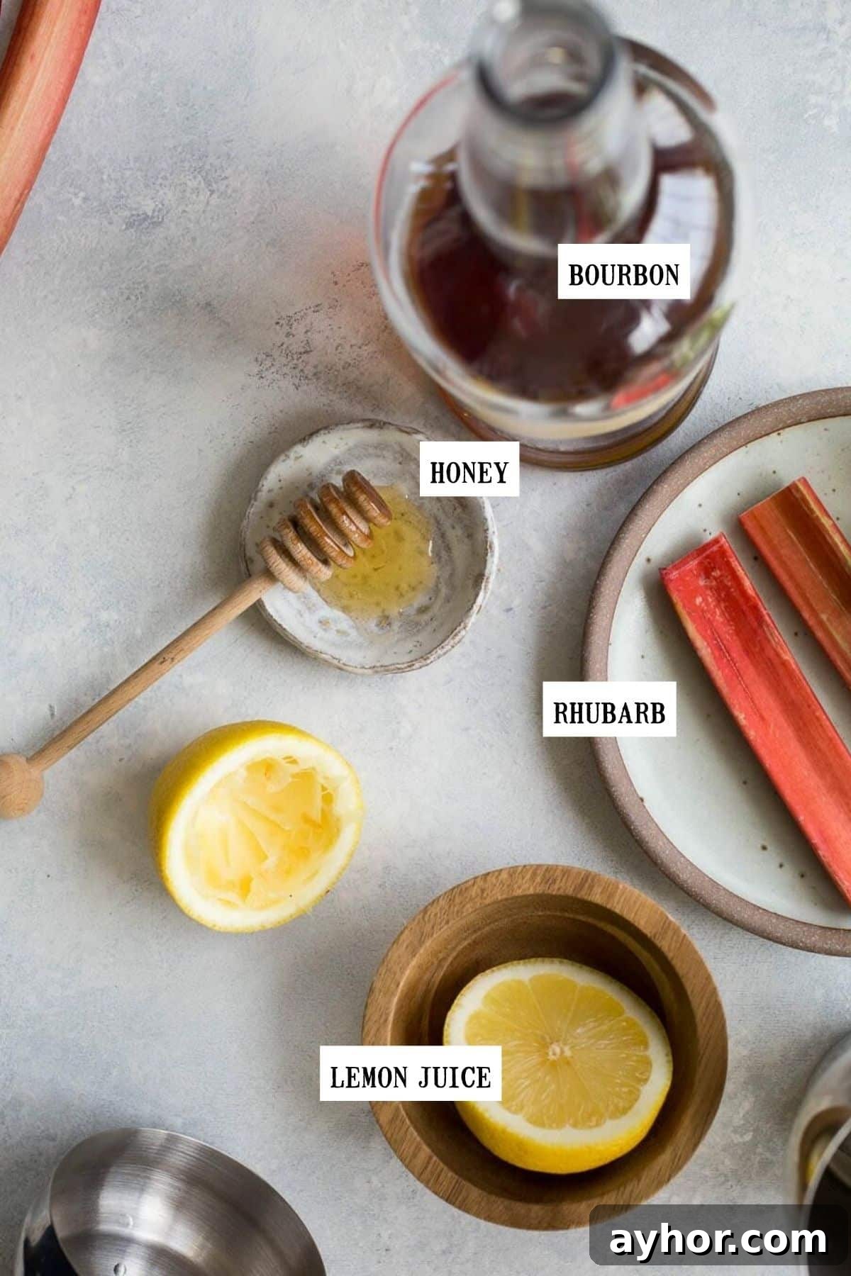 Rhubarb Bourbon Sour: Spring Cocktail Recipe with Rye Twist 3 Ingredients to make a cocktail on individuals plates.