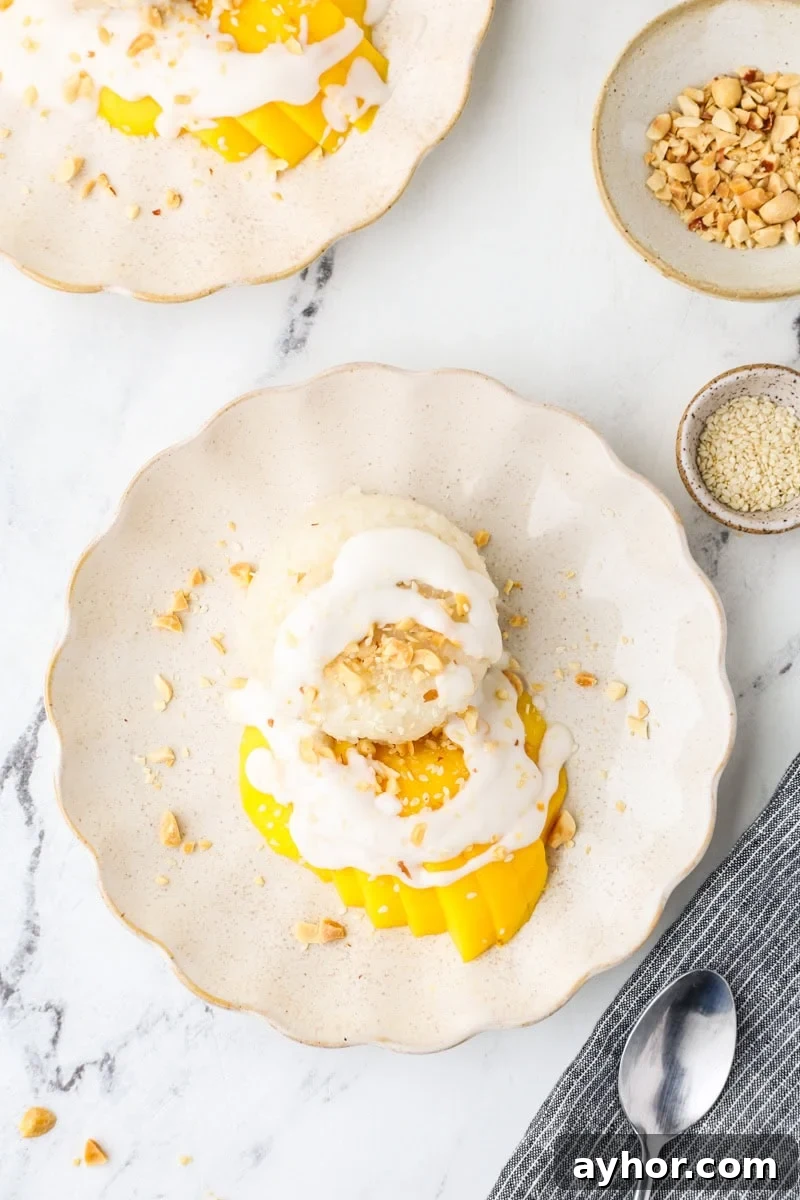Mango Sticky Rice with Coconut Cream: Authentic Thai Dessert Recipe 12 Finished mango sticky rice topped with coconut cream, fresh mango slices, and crushed peanuts.