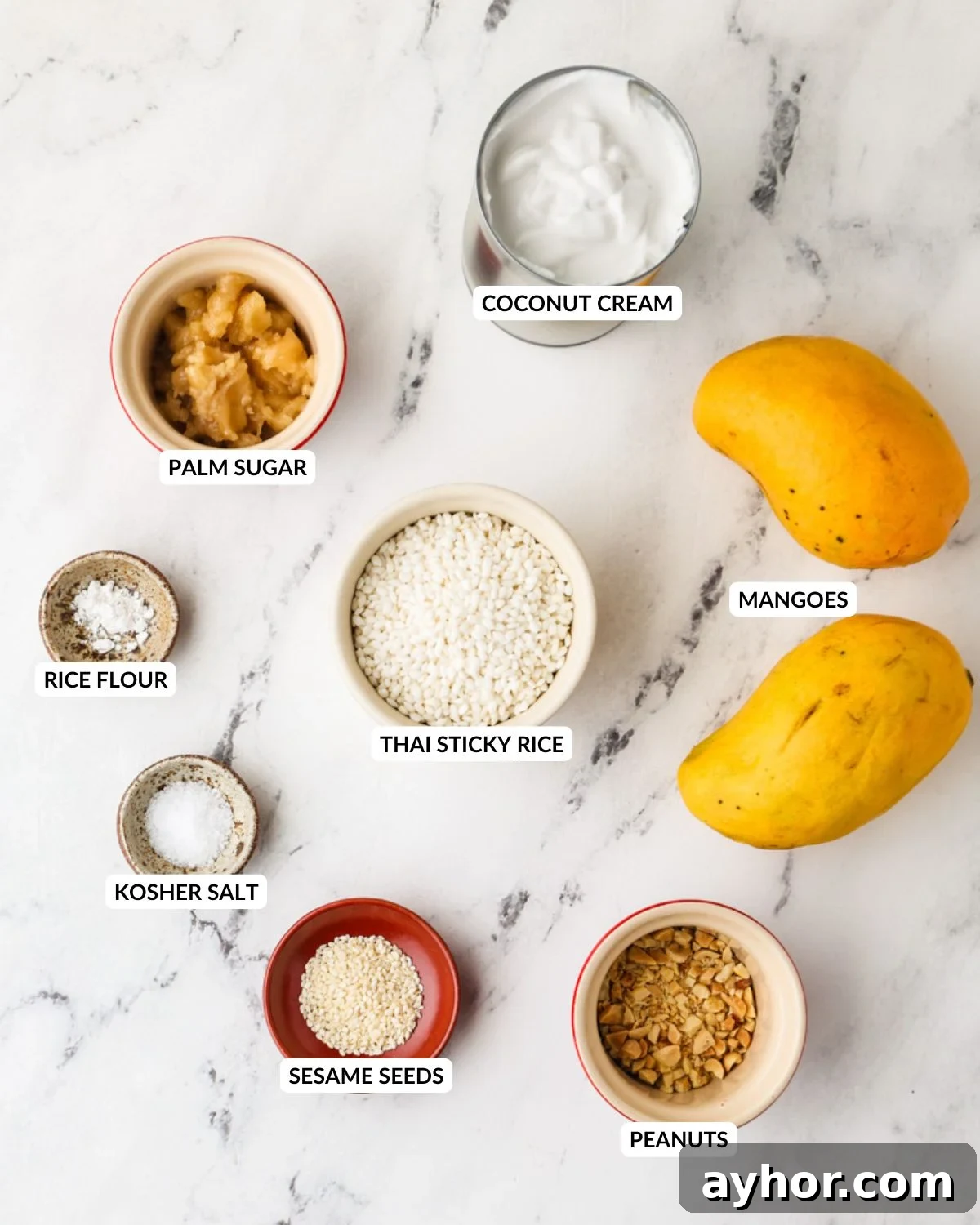 Mango Sticky Rice with Coconut Cream: Authentic Thai Dessert Recipe 5 Flat lay of Thai mango sticky rice ingredients.