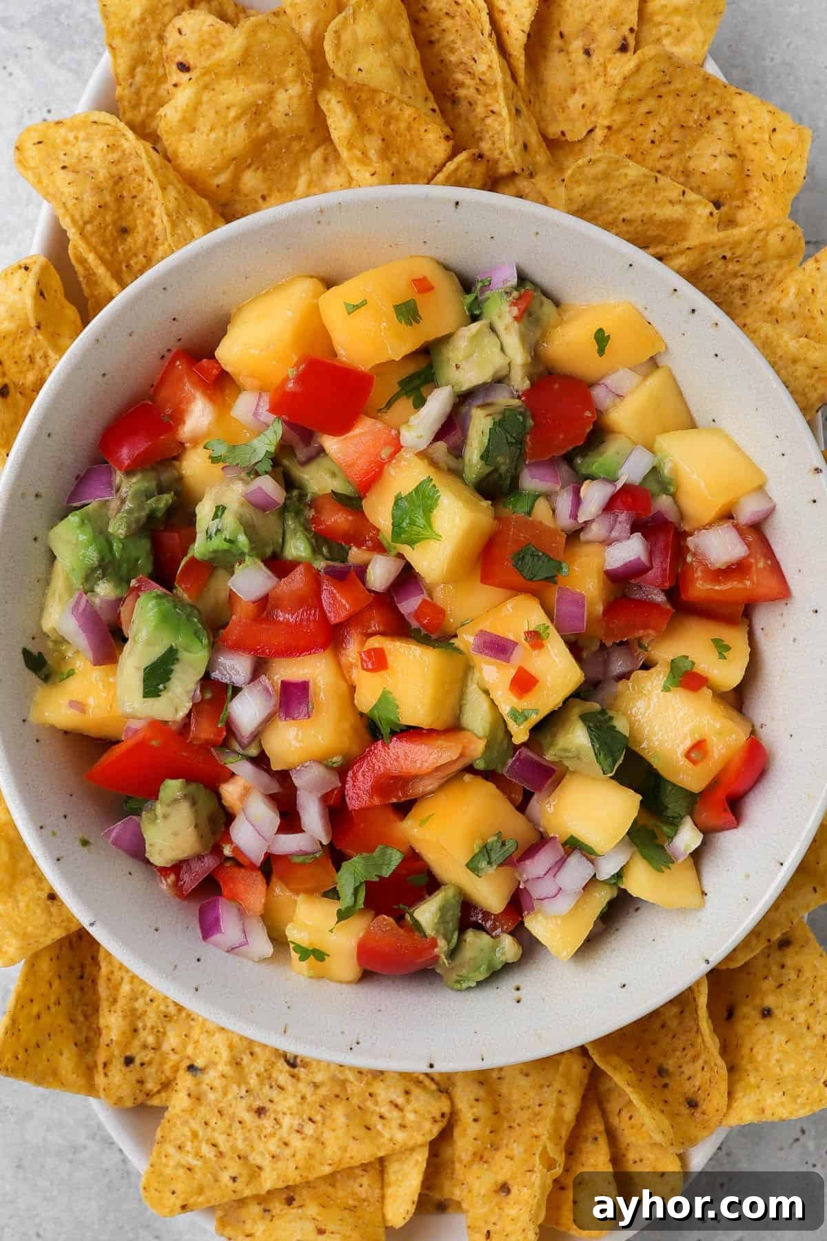 Mango habanero salsa in a bowl with corn chips around the sides.