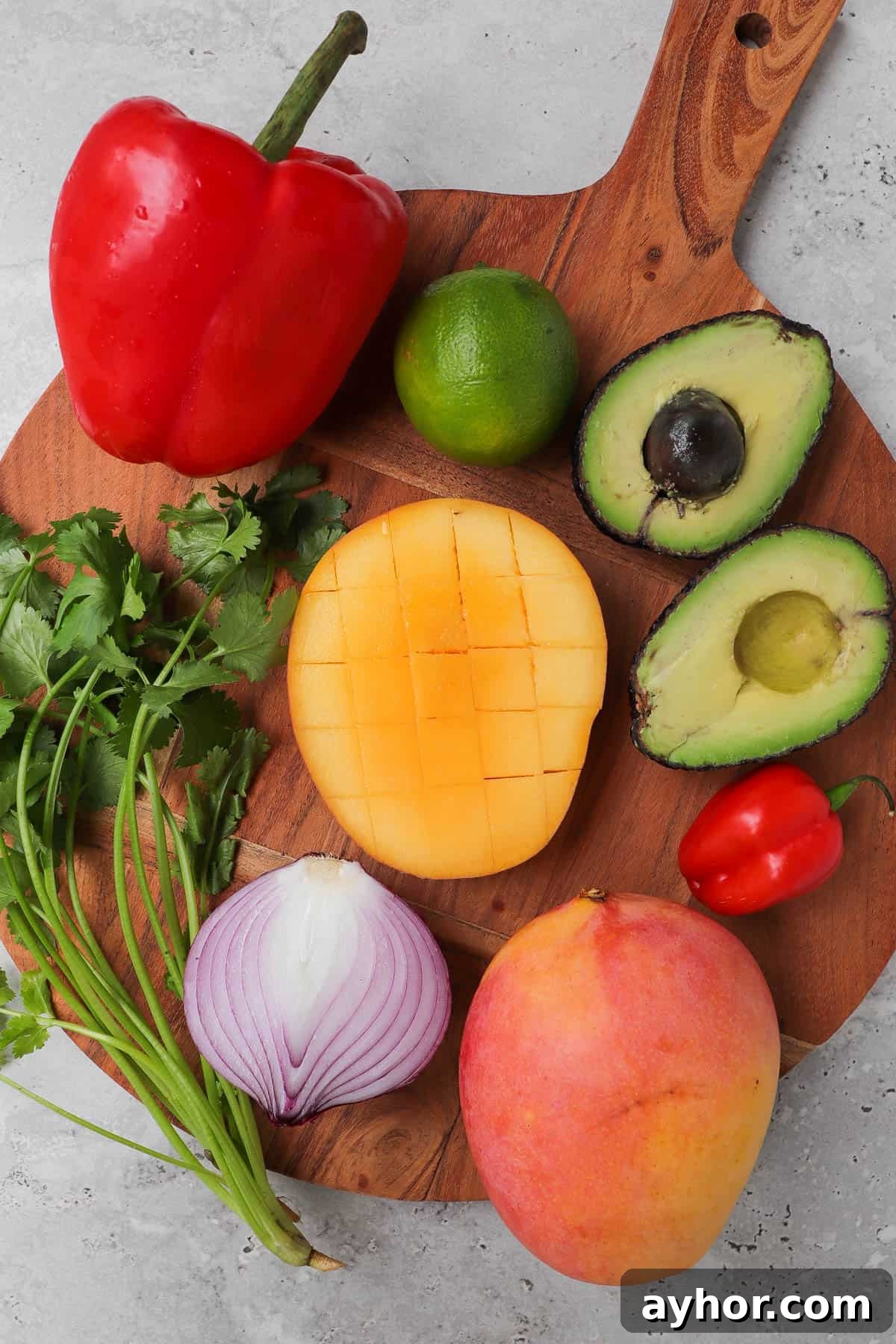 Mango habanero salsa ingredients shown.