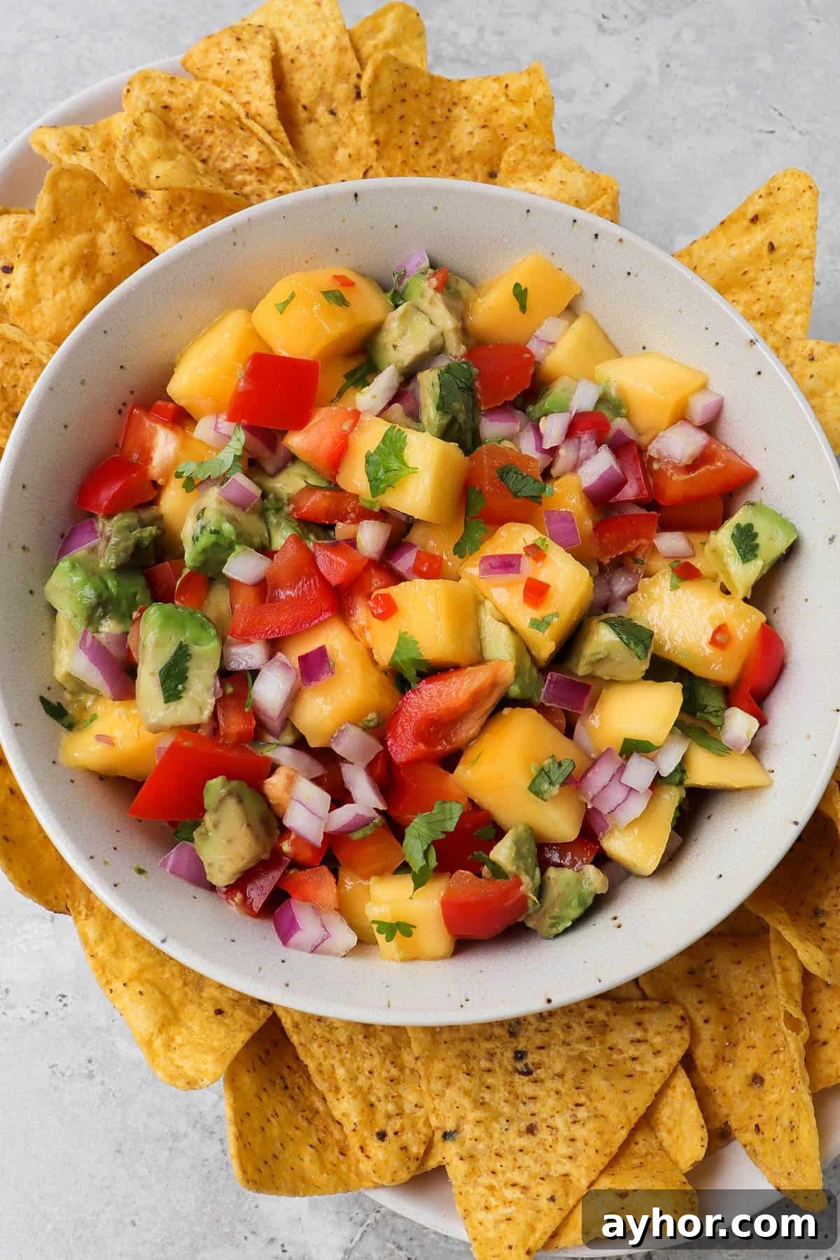 Side shot of mango salsa in a bowl with corn chips.