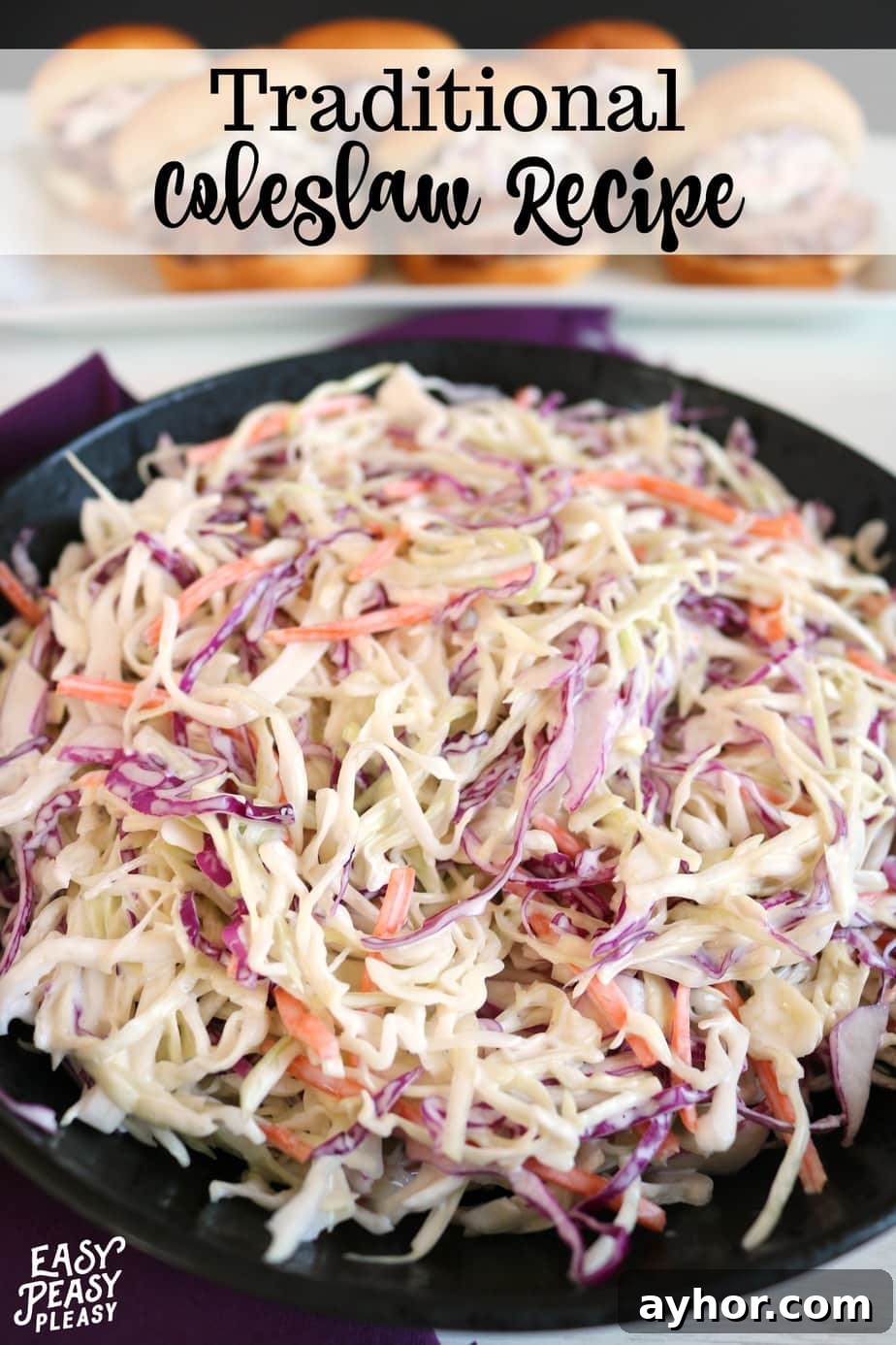 Mix up some quick and easy Traditional Coleslaw for your next cookout, BBQ, or potluck. #Coleslaw #traditional coleslaw #southerncoleslaw