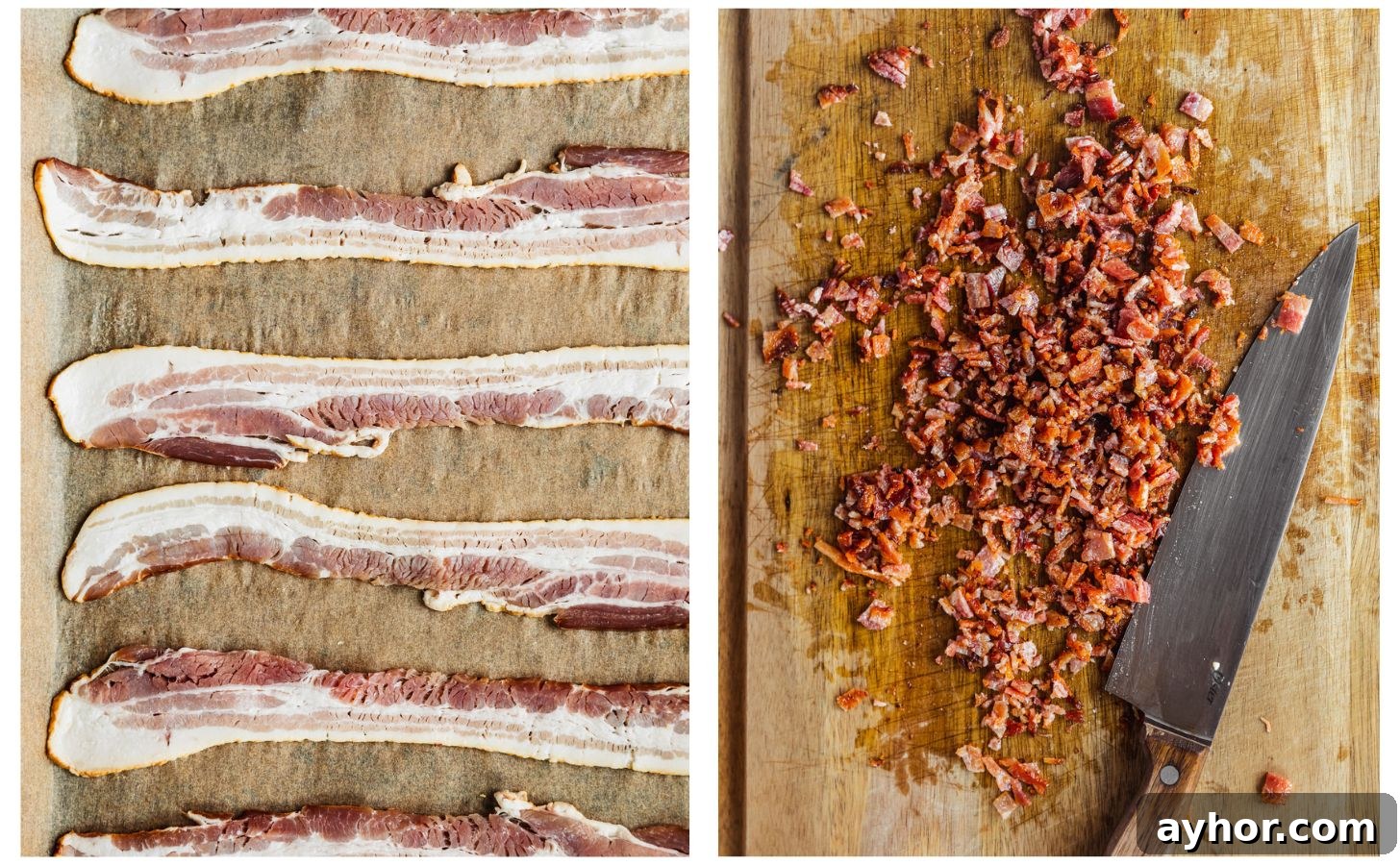 Two images of cooking bacon. In photo 1, bacon on parchment paper. In photo 2, chopped bacon next to a knife on a wood cutting board.