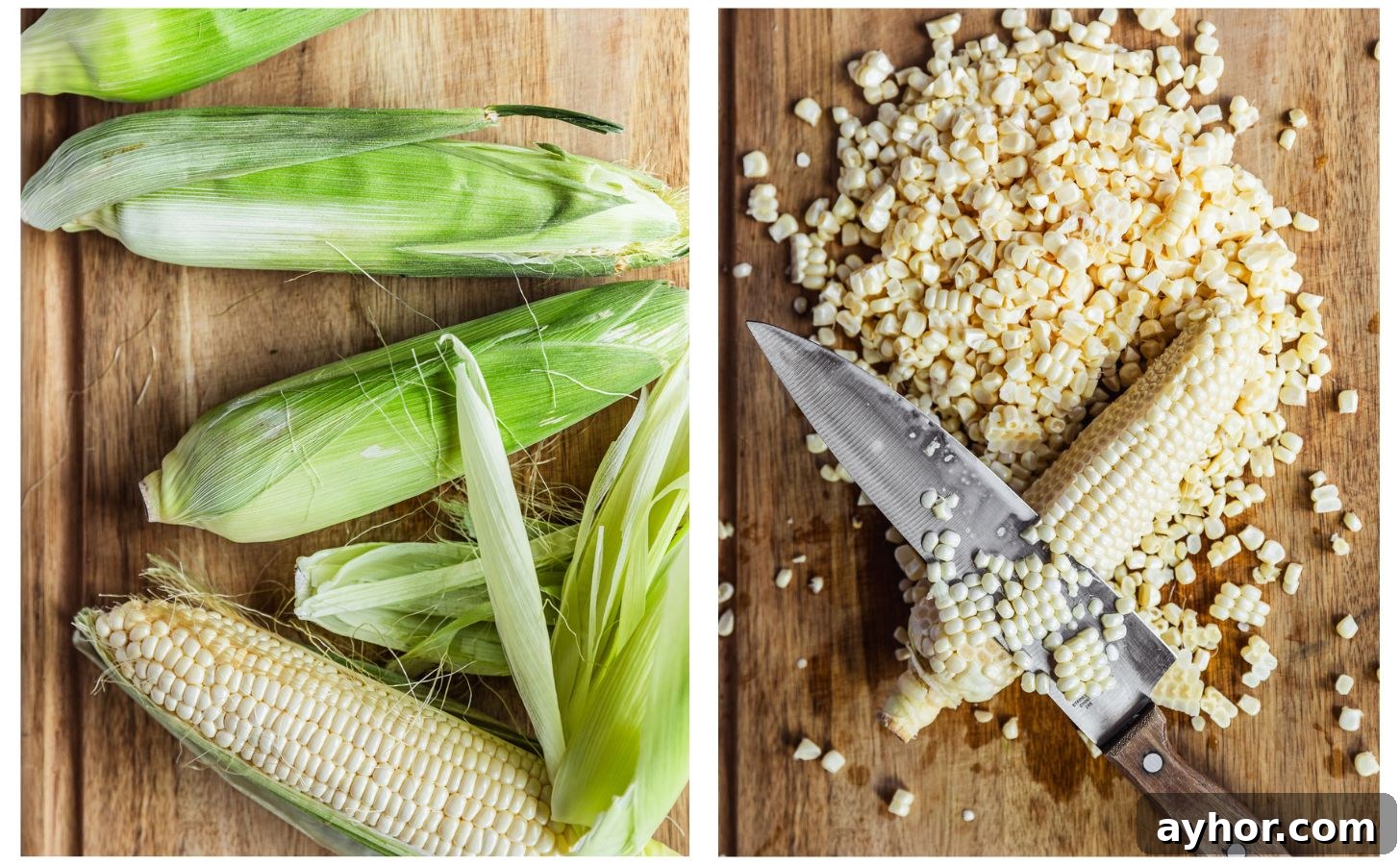 Two images cutting corn. On photo 1, corn cobs on a wood board. In photo 2, a knife is slicing kernels off a cob of corn on a pile of kernels.