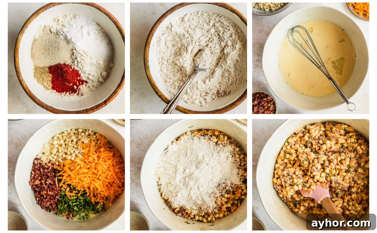 Six steps to making cheesy corn fritter batter. In photo 1, a wood and white bowl with flour and spices on a beige counter. In photo 2, the flour is mixed with a fork. In photo 3, a white bowl of eggs and milk on a beige counter next to white bowls of corn, bacon, and cheese. In photo 4, a white bowl of corn, bacon, green onions, and cheddar cheese. In photo 5, flour is on top of the corn mixture. In photo 6, a rubber spatula is mixing the batter.