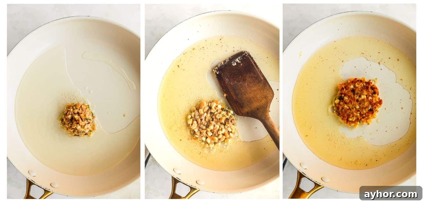Three photos frying corn cakes. In photo 1, a ball of batter in a white pan of oil. In photo 2, a spatula presses the corn cake flat. In photo 3, the corn cake is crispy and browned.