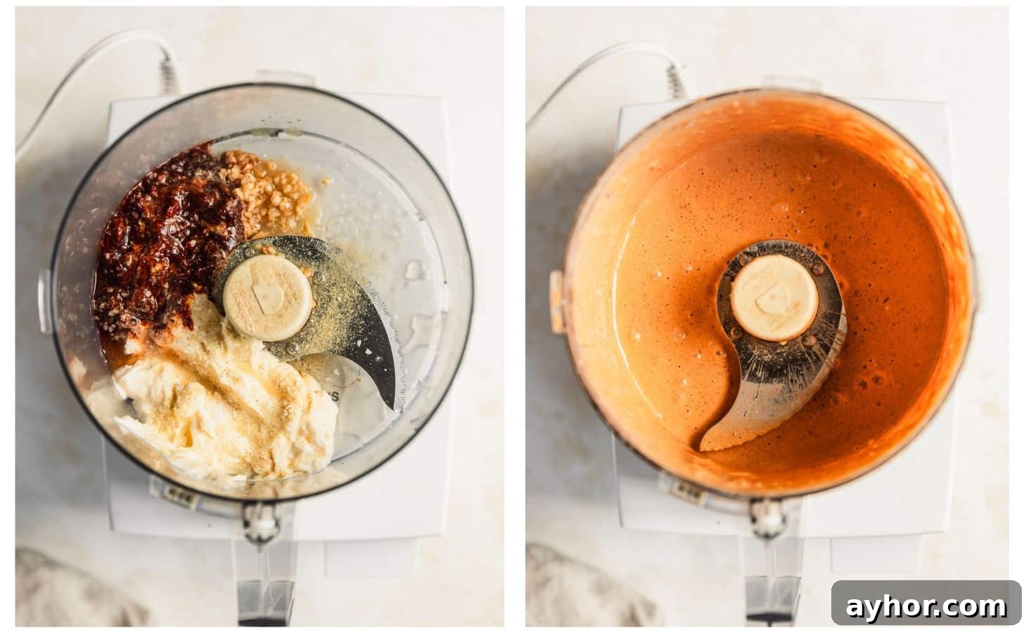 Two images making chipotle aioli. In photo 1, mayo, chipotle peppers, lemon juice, and garlic in a food processor bowl on a beige counter. In photo 2, the food processor is filled with blended chipotle aioli.