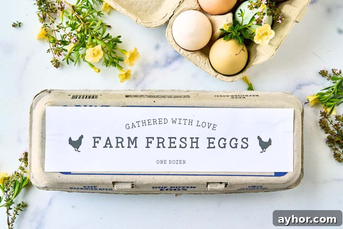 Free Printable Farm-Fresh Egg Labels for Jars and Baskets 3 classic farm fresh eggs full top label