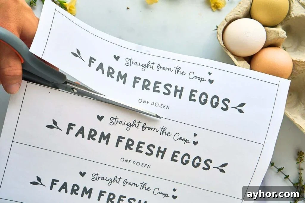 Free Printable Farm-Fresh Egg Labels for Jars and Baskets 6 hand cutting out label from sticker paper.