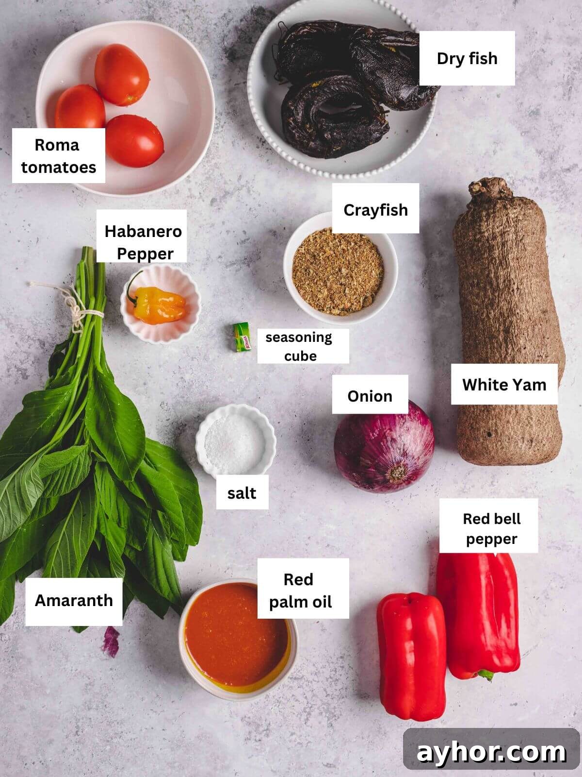 Asaro Nigerian Yam Porridge Recipe: Authentic Spicy Yam Mash 3 ingredients for the asaro recipe on a flat surface.
