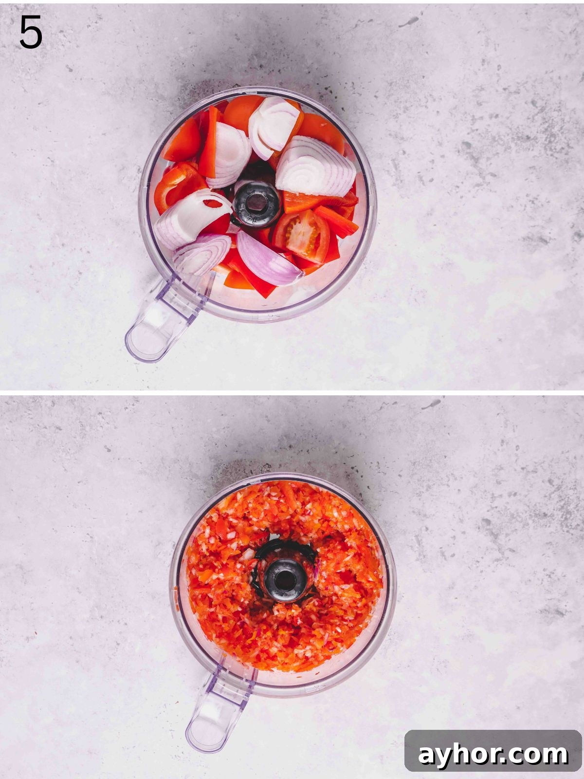 Asaro Nigerian Yam Porridge Recipe: Authentic Spicy Yam Mash 5 Roughly chopped peppers and onion inside a food processor bowl.