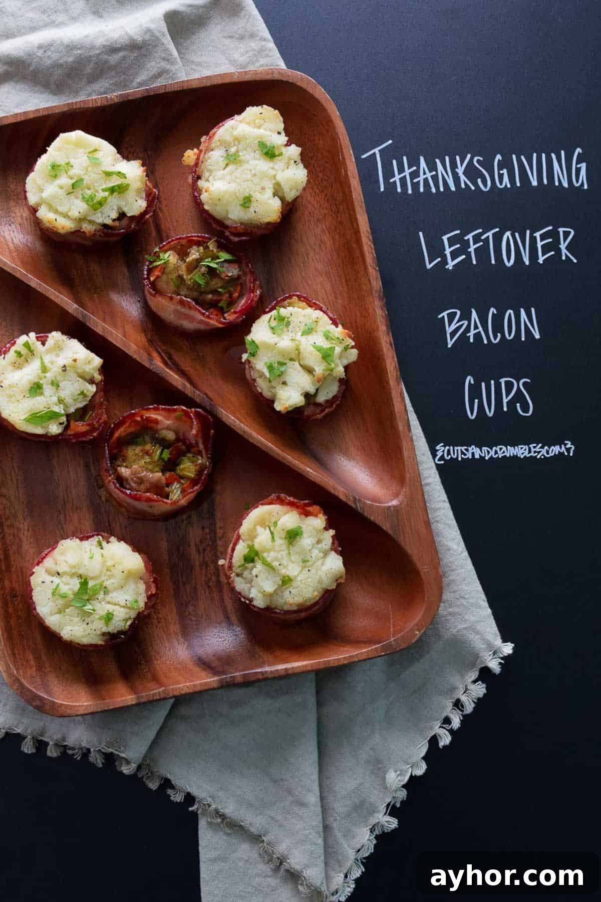 Thanksgiving Leftover Bacon Cups Recipe: Quick Holiday Appetizer 2 Thanksgiving Leftover Bacon Cups on brown serving platter with title written on chalkboard