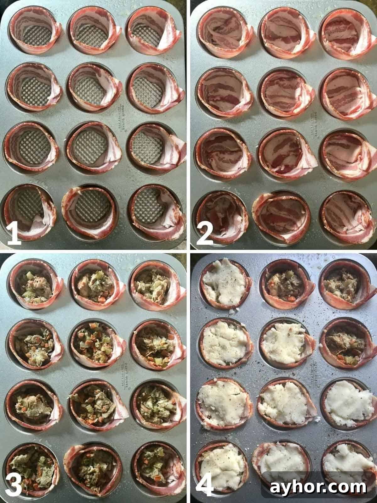 Thanksgiving Leftover Bacon Cups Recipe: Quick Holiday Appetizer 4 Collage of four images showing how to make leftover stuffed bacon cups