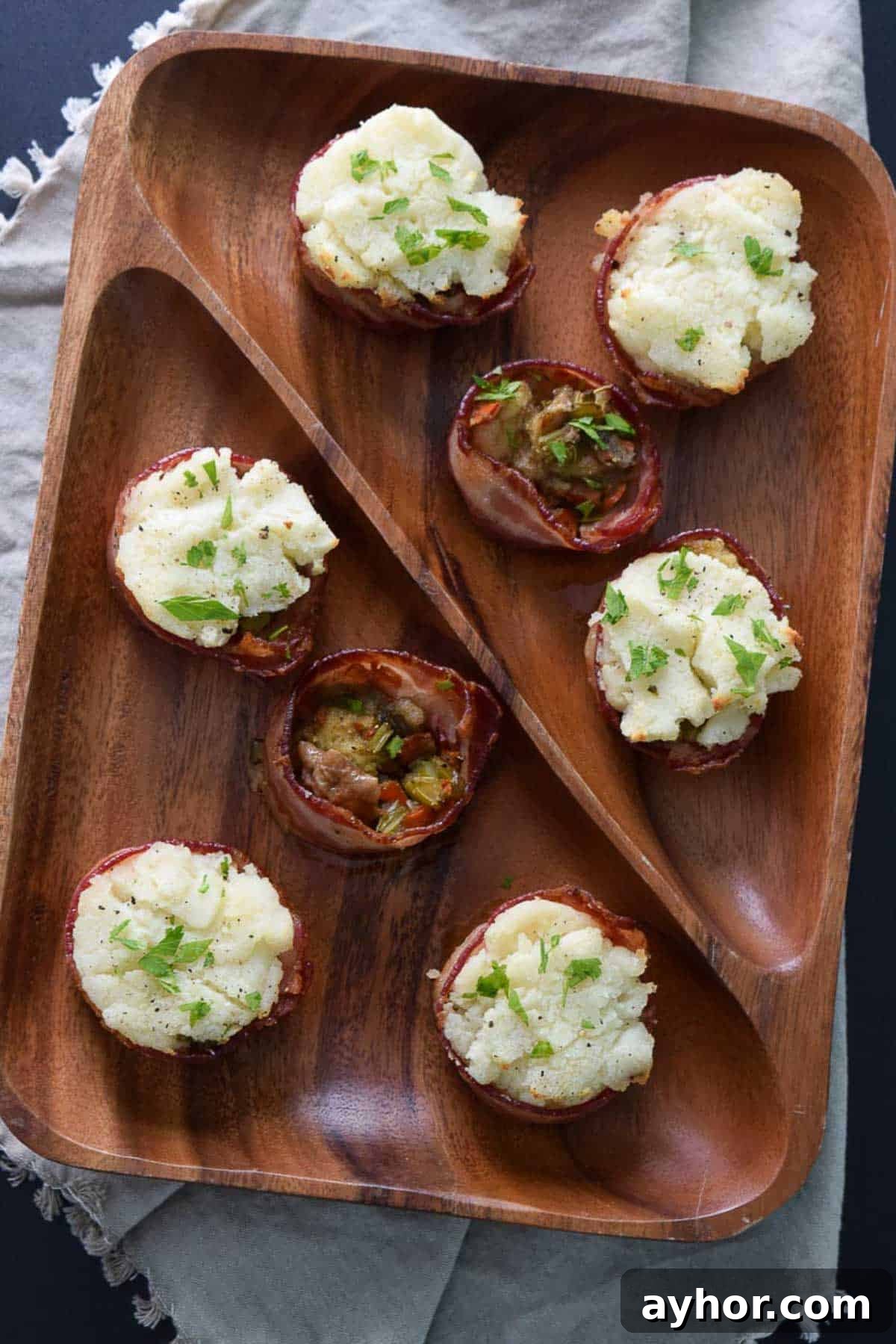 Thanksgiving Leftover Bacon Cups Recipe: Quick Holiday Appetizer 5 Overhead view of bacon cups topped with mashed potatoes and parsley