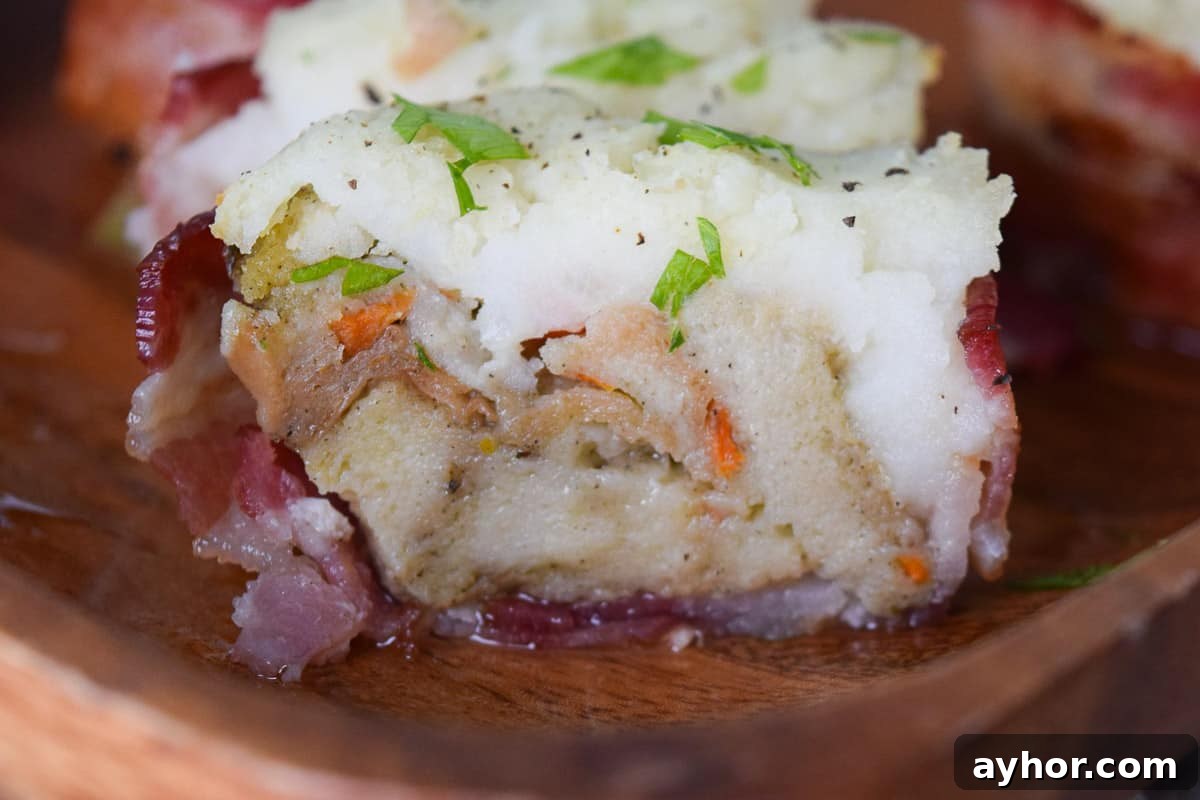 Thanksgiving Leftover Bacon Cups Recipe: Quick Holiday Appetizer 6 Close up view of cross section of bacon cup stuffed with stuffing and mashed potatoes