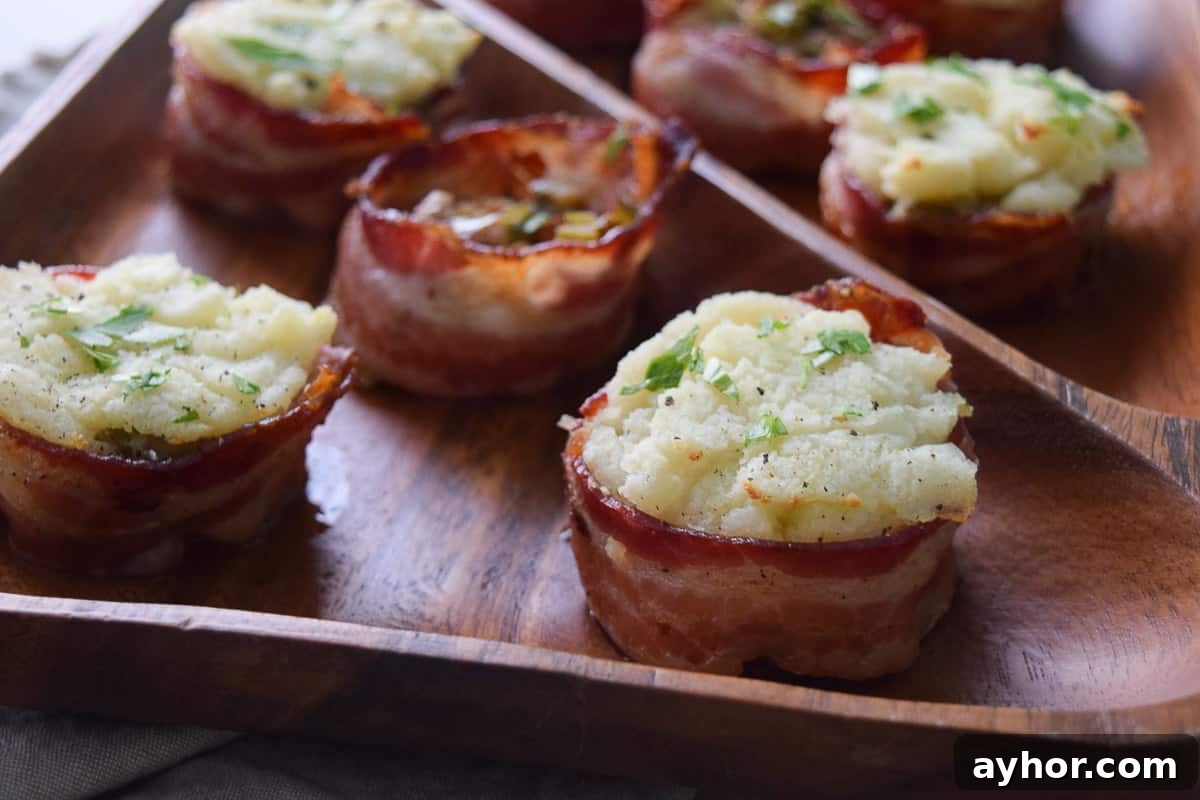 Thanksgiving Leftover Bacon Cups Recipe: Quick Holiday Appetizer 8 Close up view of bacon cups topped with mashed potatoes