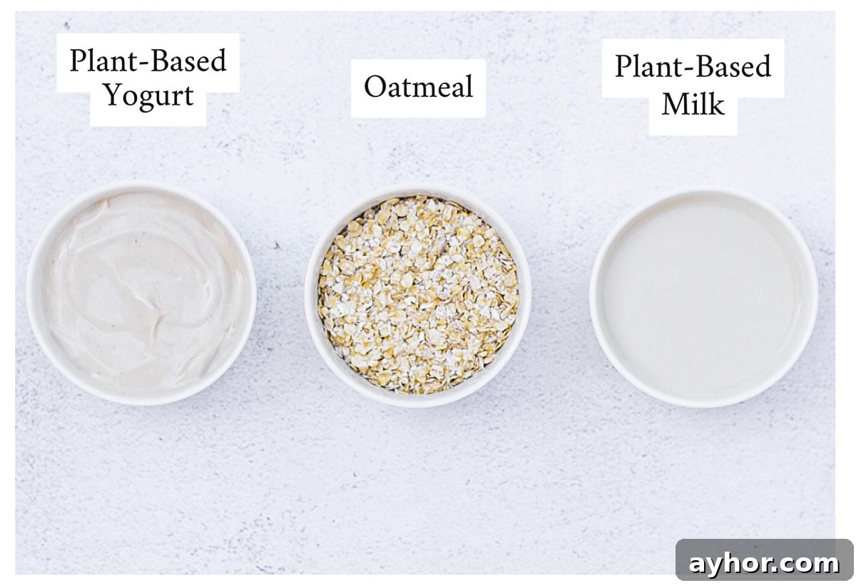 Creamy Overnight Oats with Fruit and Nuts — Make Ahead Breakfast 3 Three white glass jars. Each jar is labeled and filled with 1. plant-based yogurt, 2. Oatmeal, 3. Plant-Based Milk.