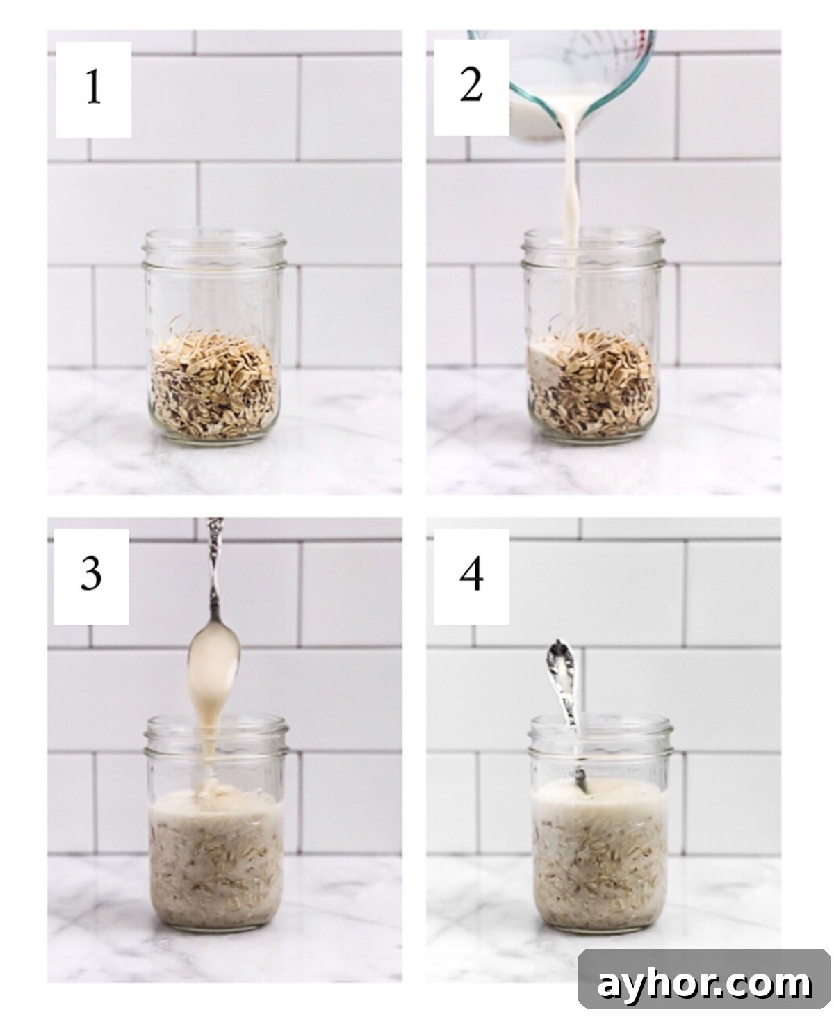 Creamy Overnight Oats with Fruit and Nuts — Make Ahead Breakfast 4 4 images of step-by-step instructions. The first picture is a mason jar of uncooked oatmeal. The second is of a measuring cup pouring in vegan milk, the third is a spoon drizzling in vegan yogurt, and the fourth is of the mason jar with all contents well mixed.