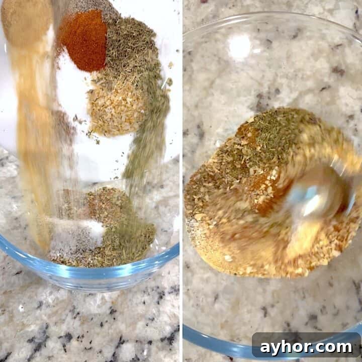Adding the Montreal chicken seasoning ingredients to a clear glass bowl, then mixing them together.