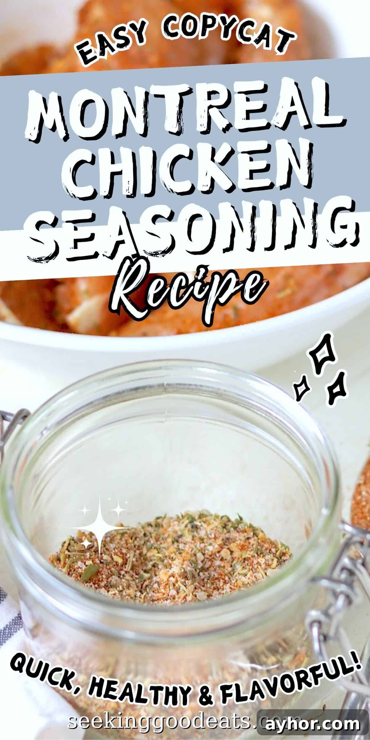 Pinterest pin with a clear glass jar of chicken seasoning mix.