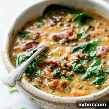 Bacon and lentil soup with spinach