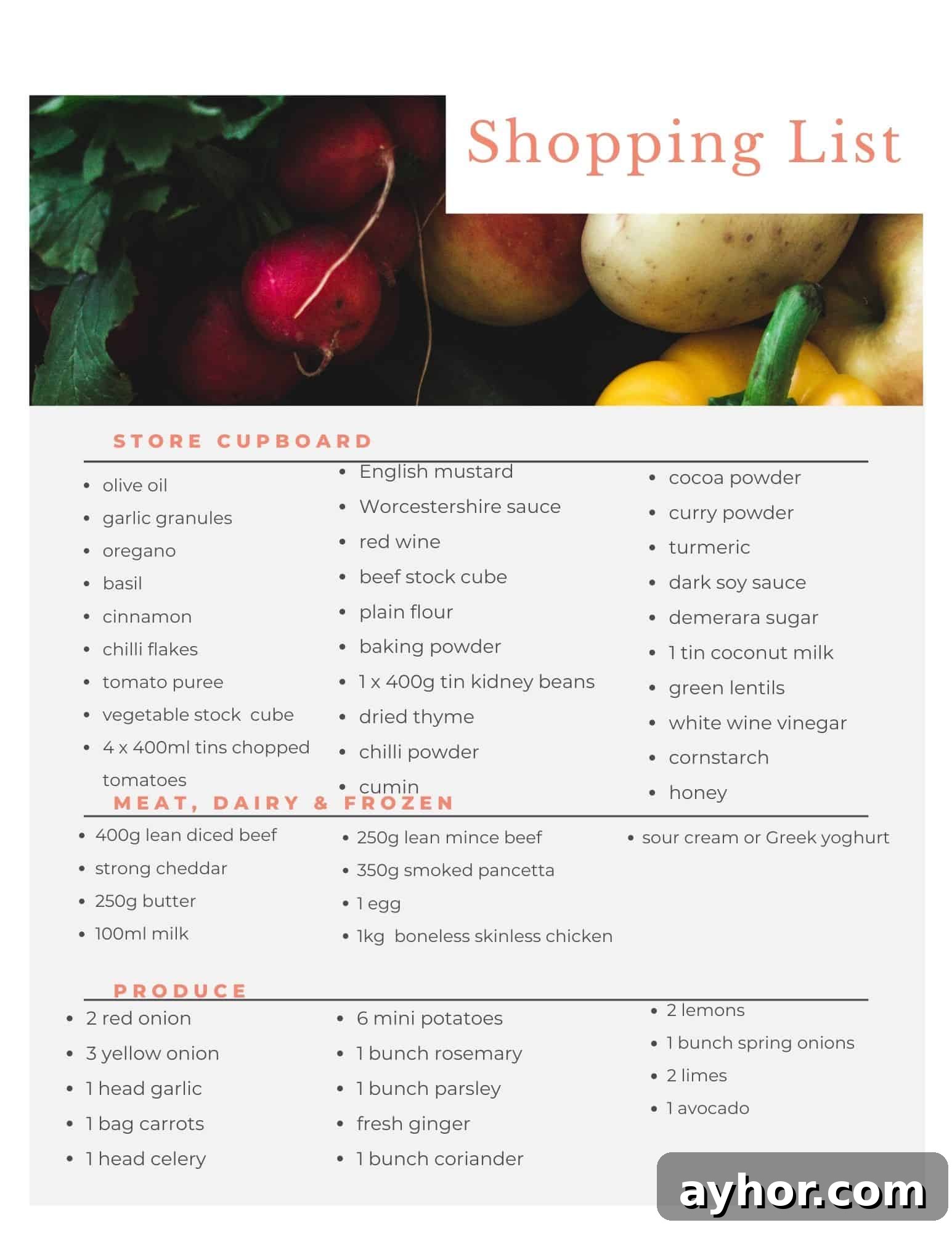Shopping list for Aldi meal plan
