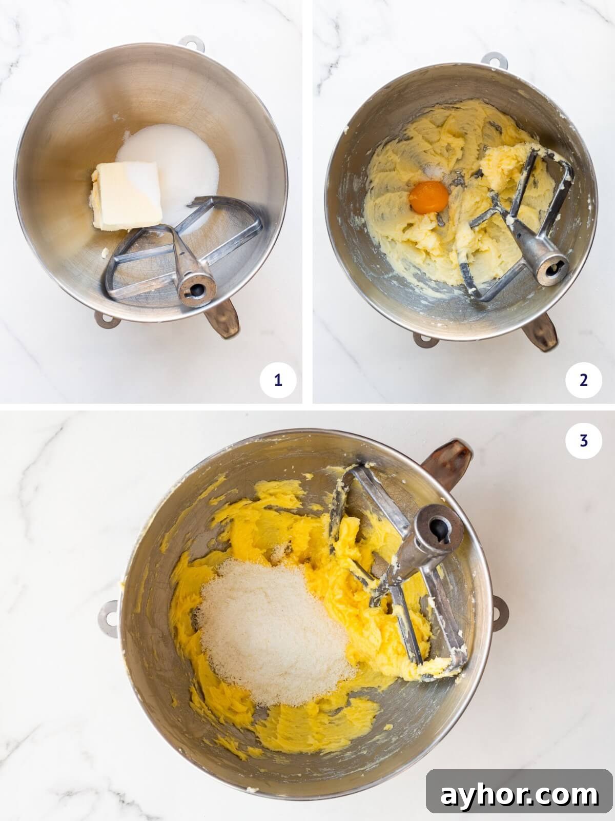 Combining butter and sugar in a stand mixer bowl before adding an egg yolk, salt, and then finely ground coconut to make coconut shortbread cookie dough.