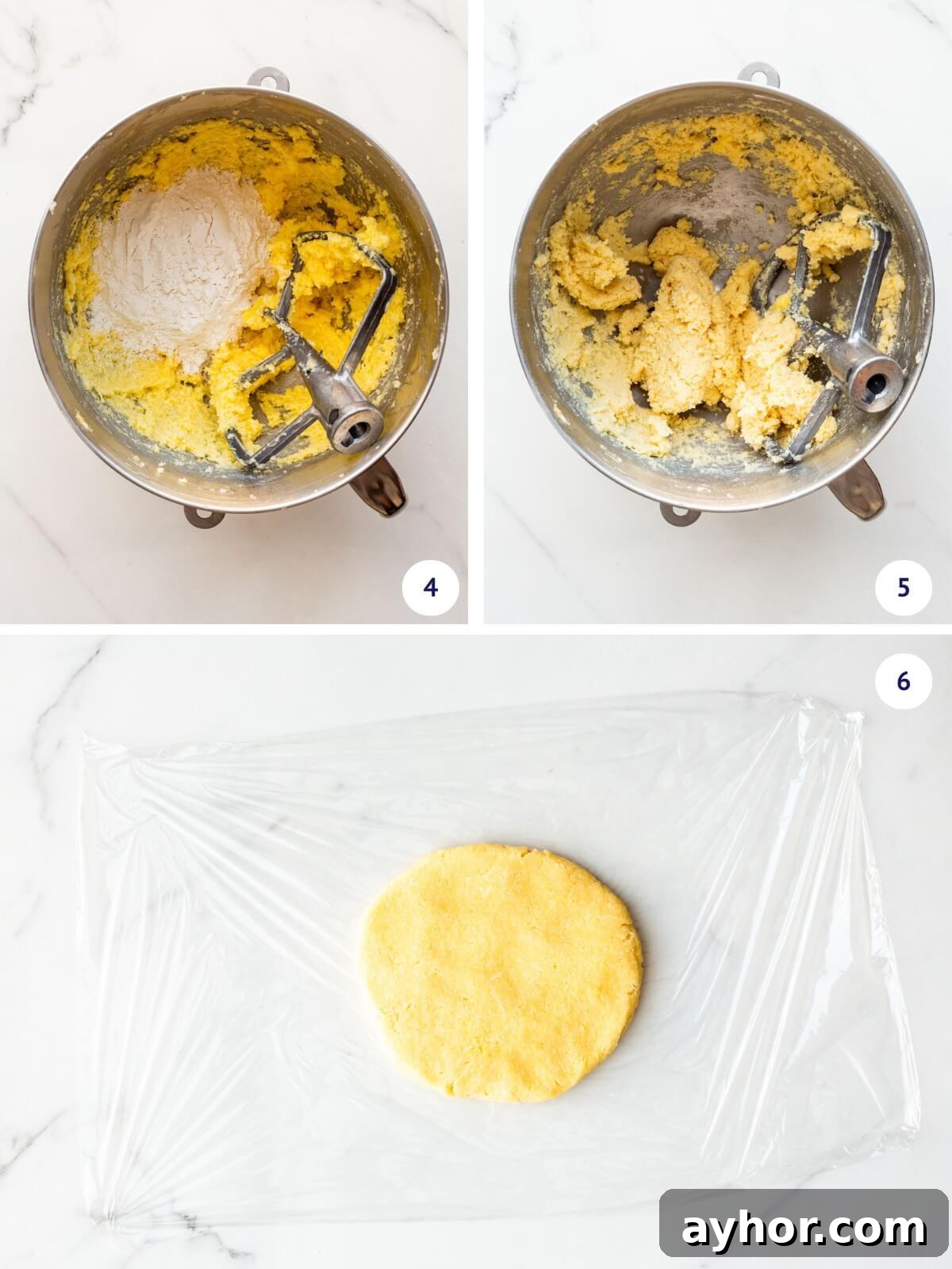Mixing flour into coconut cookie dough before shaping into a disk and wrapping in plastic wrap.
