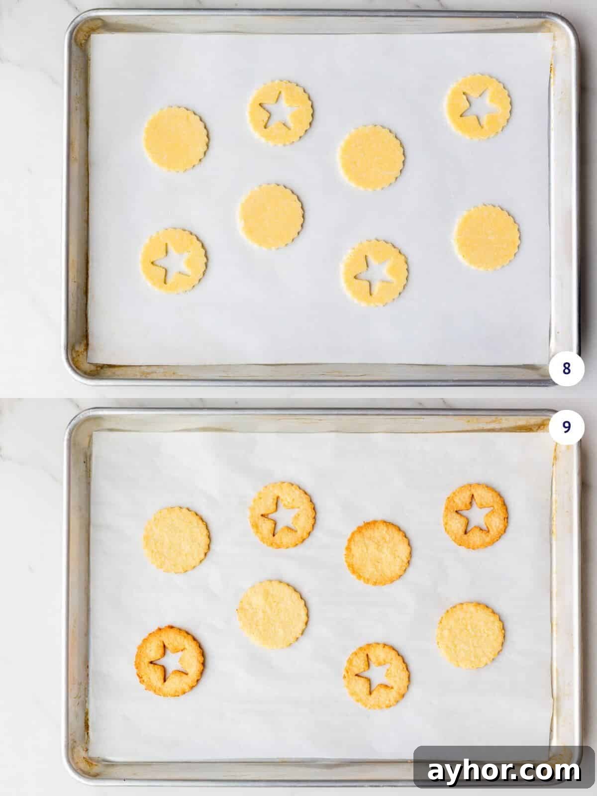 Coconut shortbread cookies before and after baking on a sheet pan.