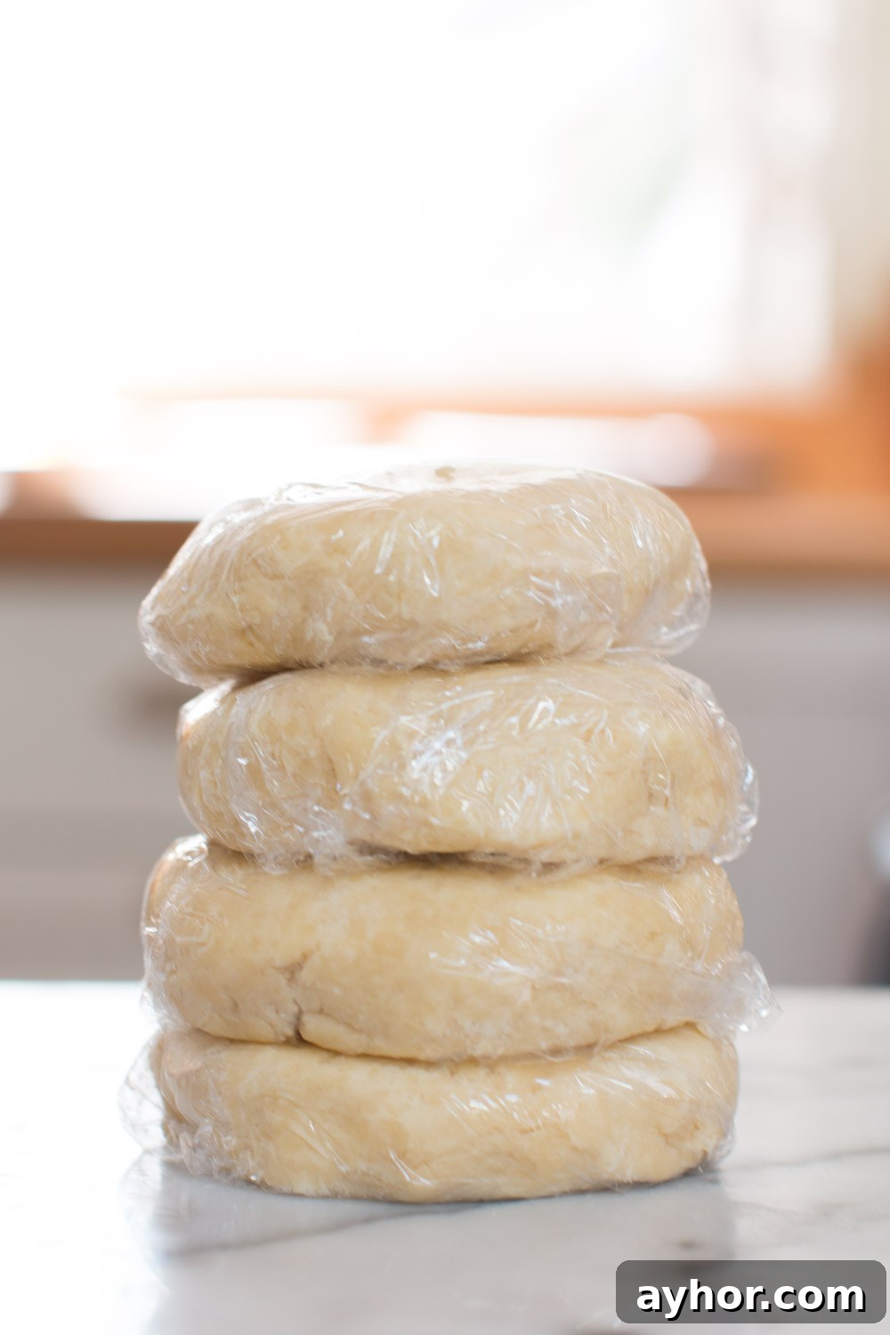 Maple Walnut Rugelach dough disks wrapped and ready to chill
