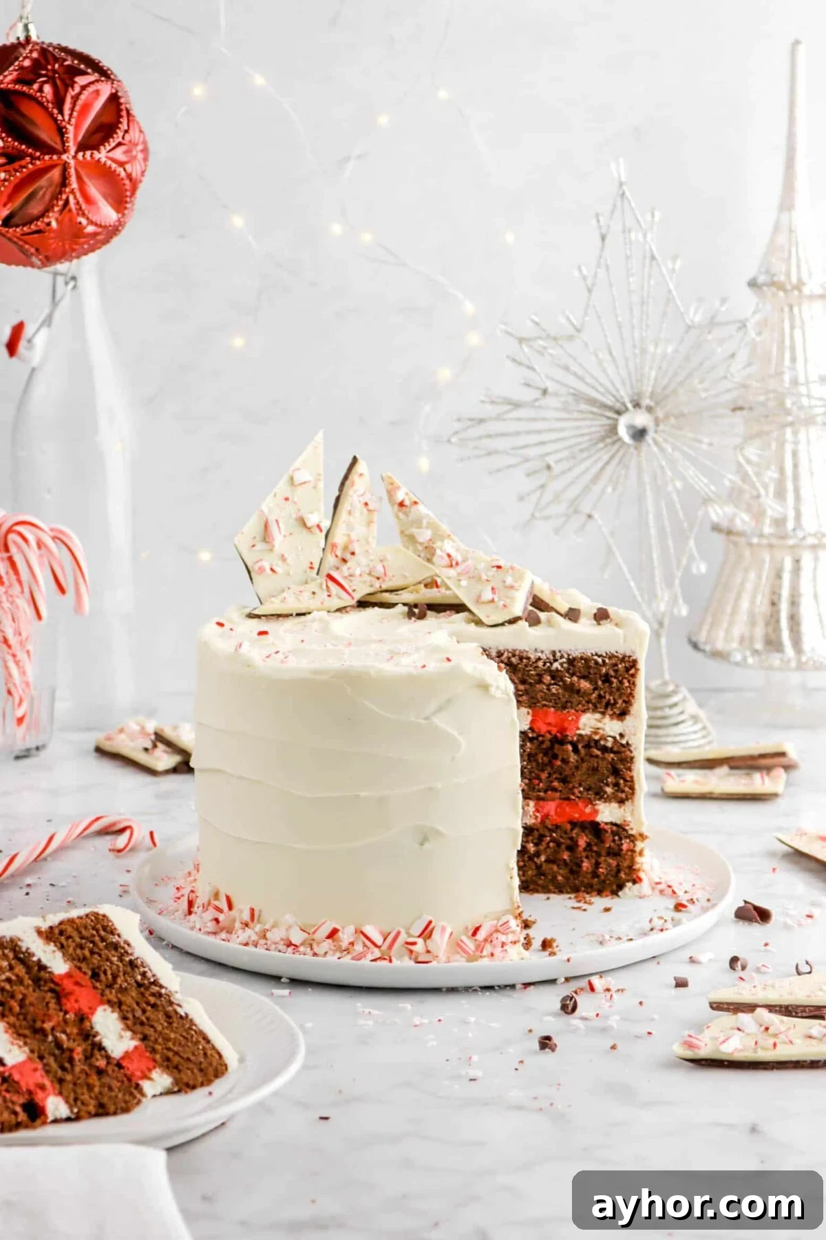 chocolate peppermint cake on white plate
