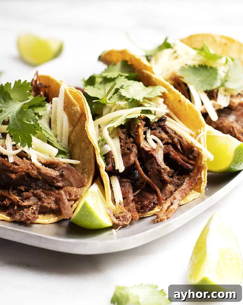 pork carnitas tacos served on a stainless steel platter