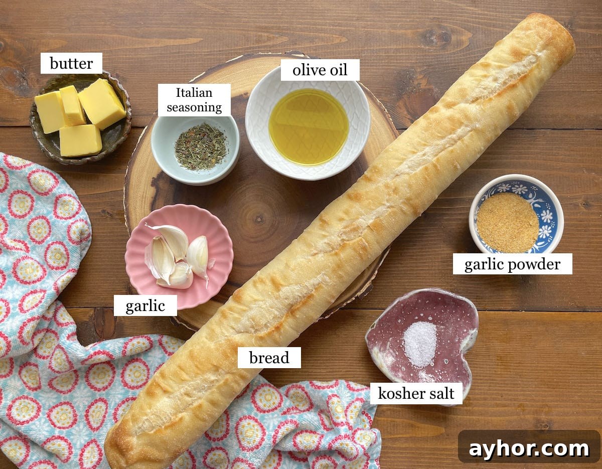 Quick Garlic Toast Recipe for Crispy, Flavorful Slices 3 The ingredients needed to make garlic toast in small bowls, laid out and labeled.