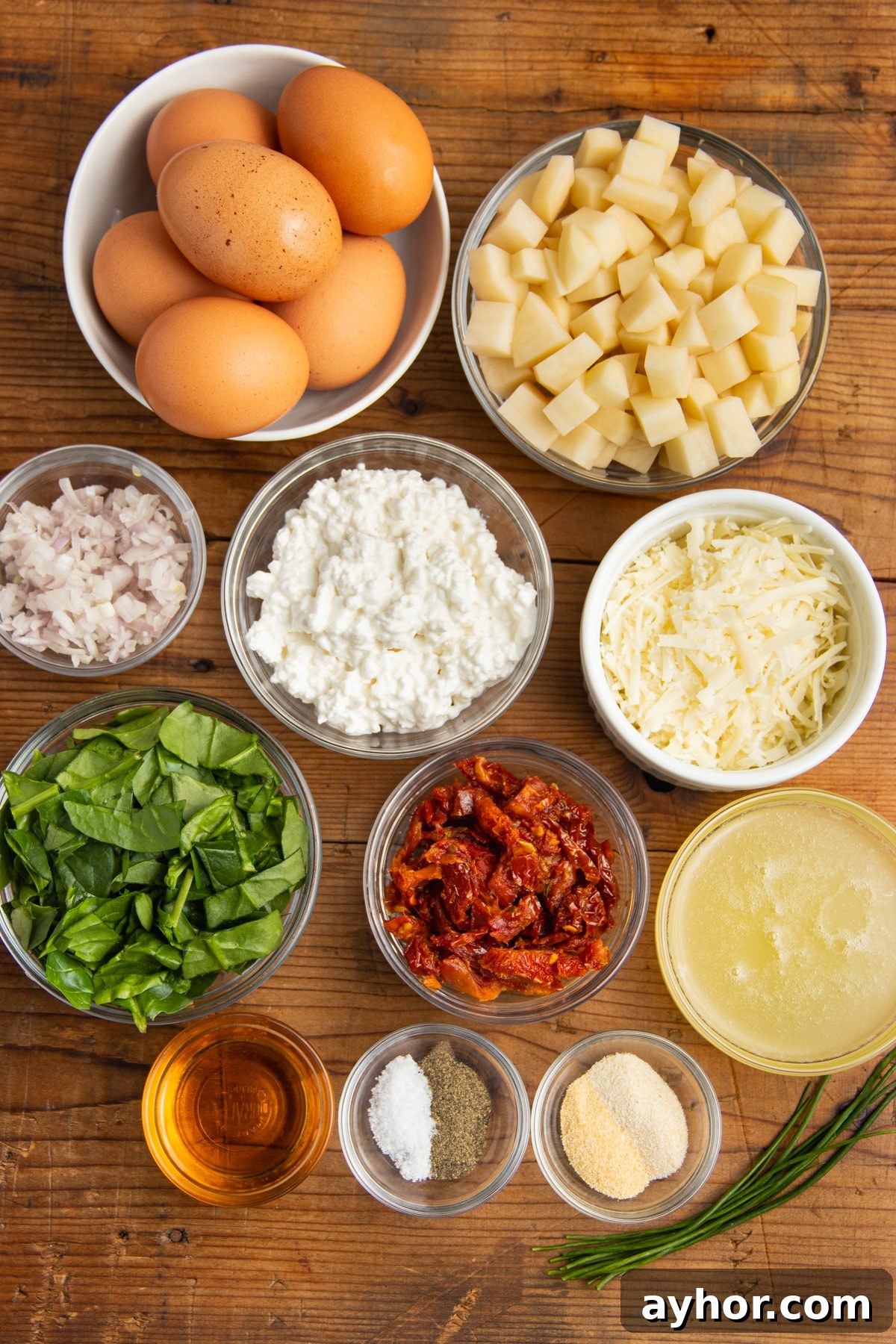 Sun-Dried Tomato and Cottage Cheese Frittata Recipe 4 This is a picture of all the ingredients needed to make the frittata.