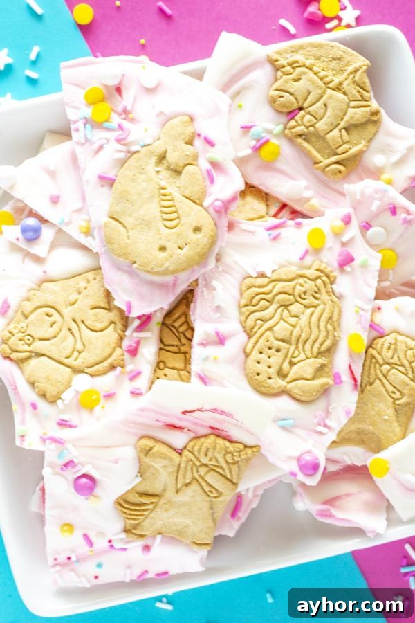Gluten-Free Unicorn Magic Cookie Bark Recipe for Parties 2 White chocolate unicorn bark with gluten free animal crackers