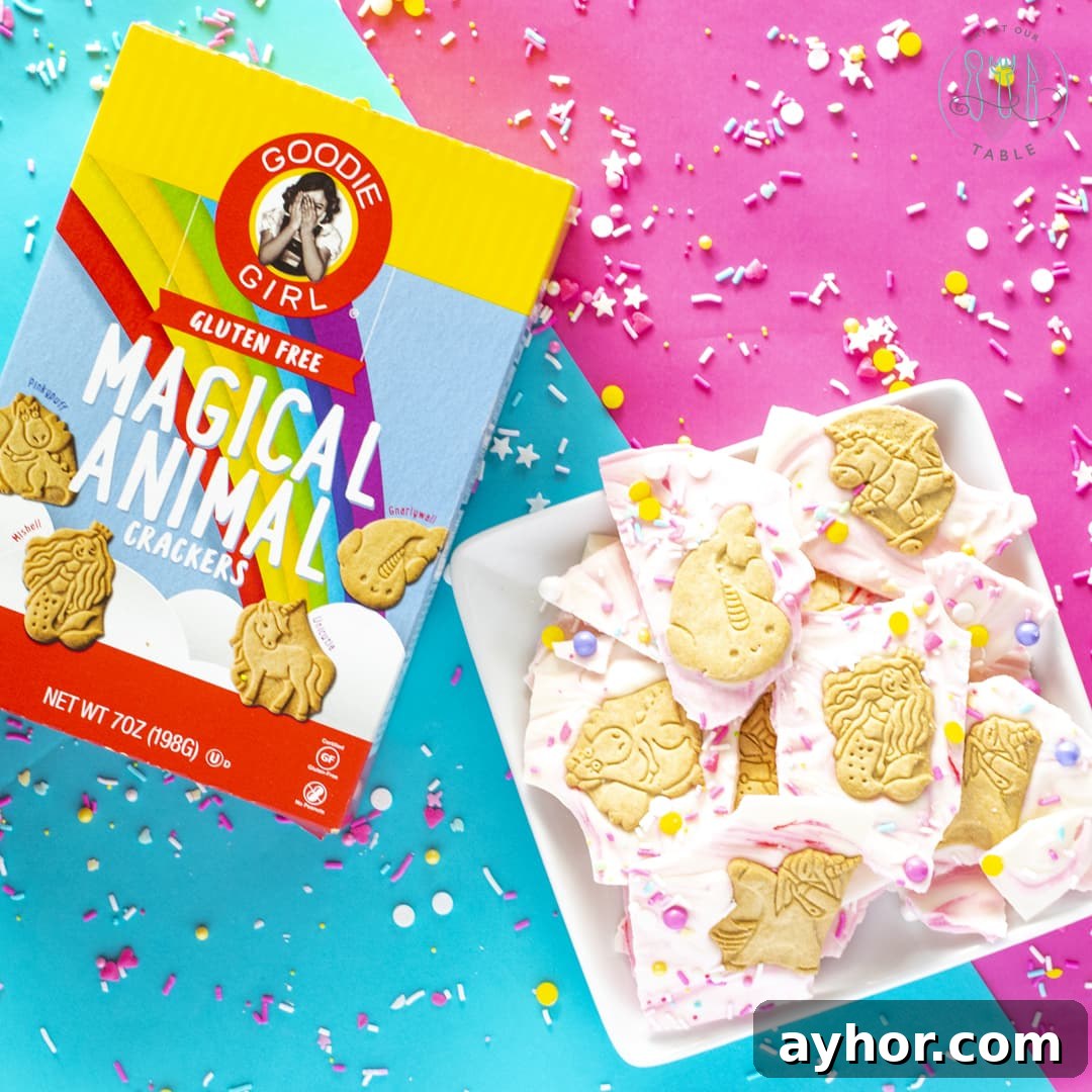 Gluten-Free Unicorn Magic Cookie Bark Recipe for Parties 3 goodie girl magical animal crackers with white chocolate unicorn bark with colored sprinkles