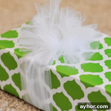 tied tulle bow on a wrapped gift.