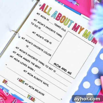 mother's day questionnaire printable in a blue folder.