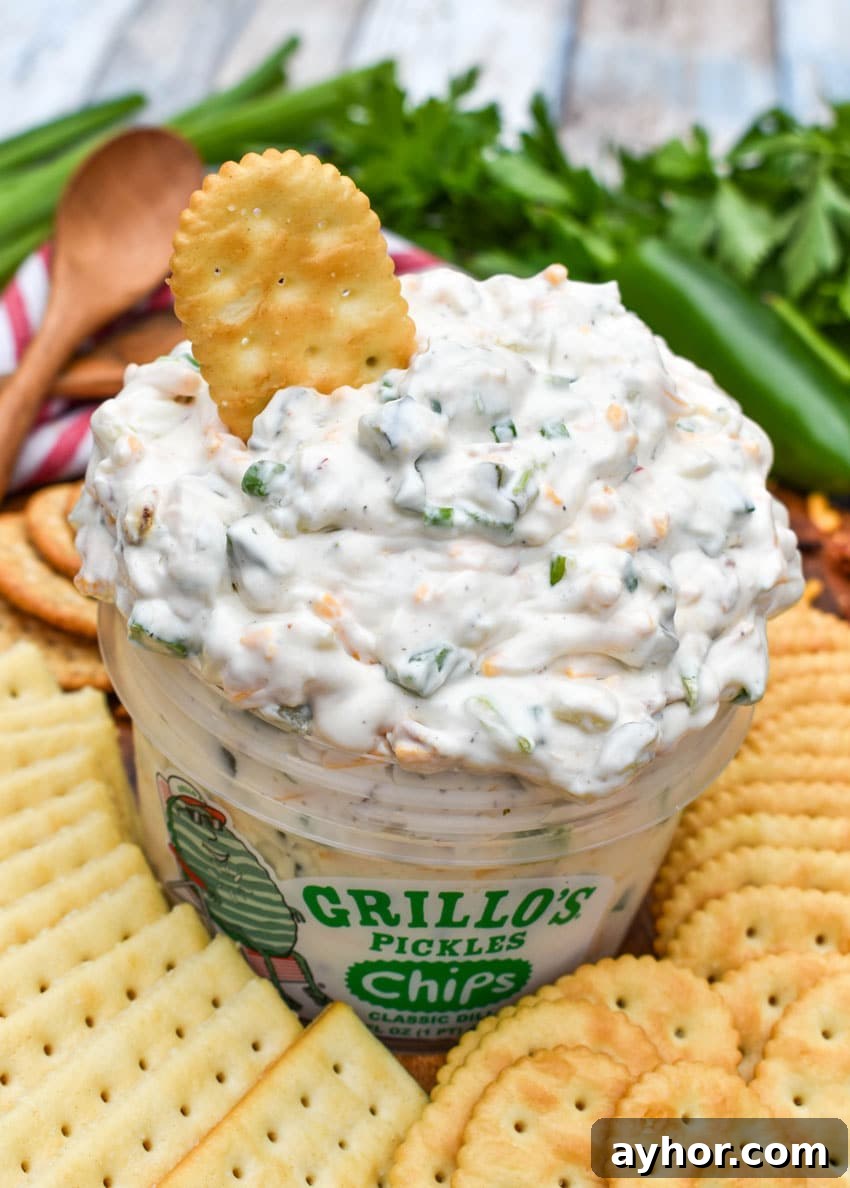 a plastic tub filled with grillo's dill pickle dip surrounded by crackers
