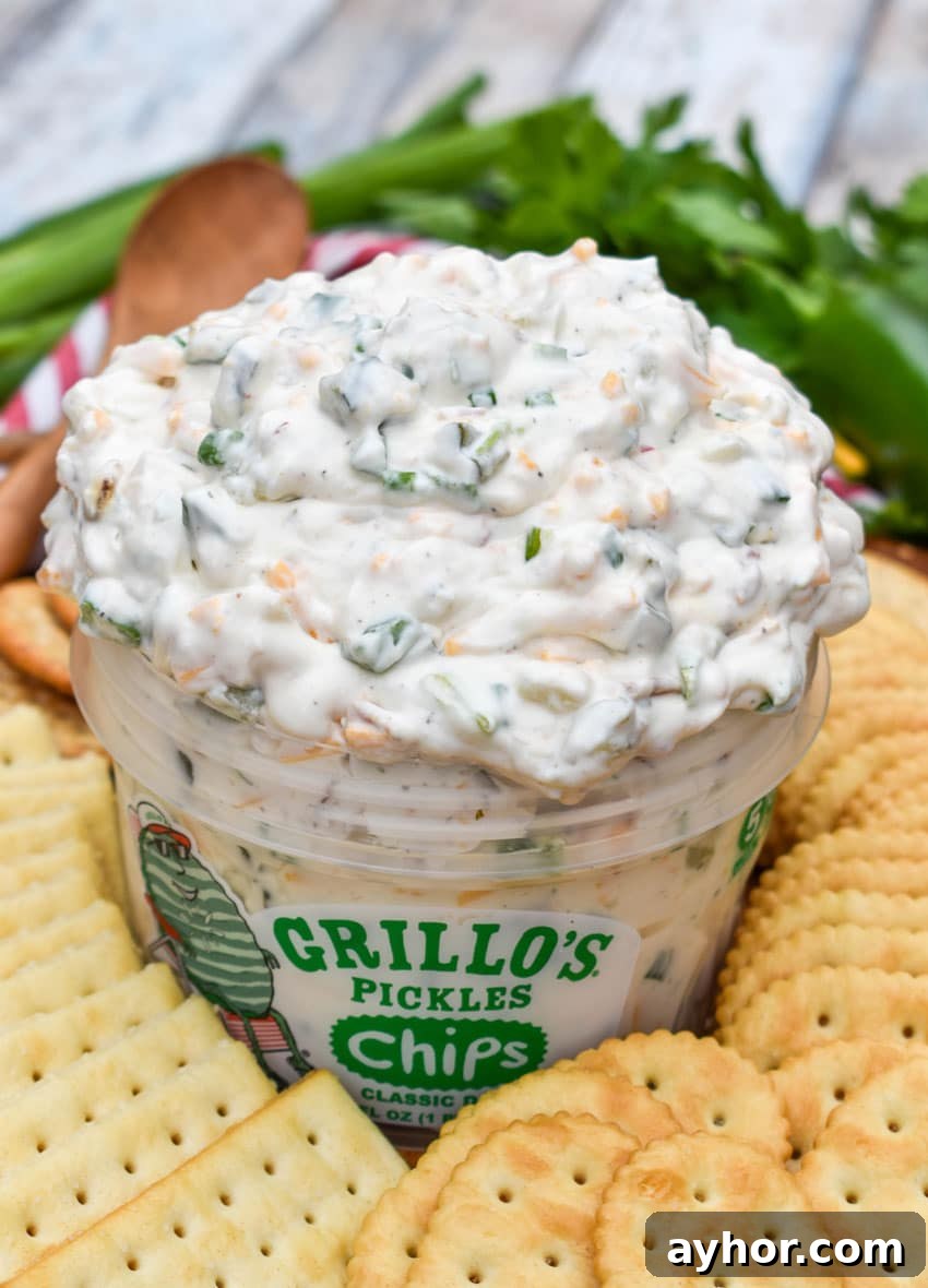 a plastic tub filled with grillo's dill pickle dip surrounded by crackers