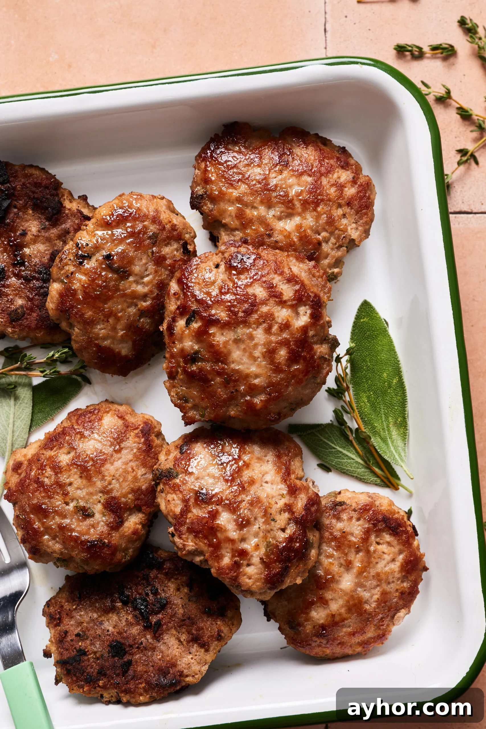 Homemade breakfast pork sausage cooked in a serving dish